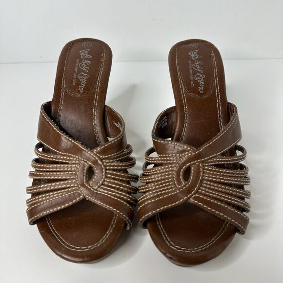 Y2K Self Esteem Nina Heeled Sandals Womens Sz 6 Brown Strappy Faux Leather 2.5" - Picture 3 of 11